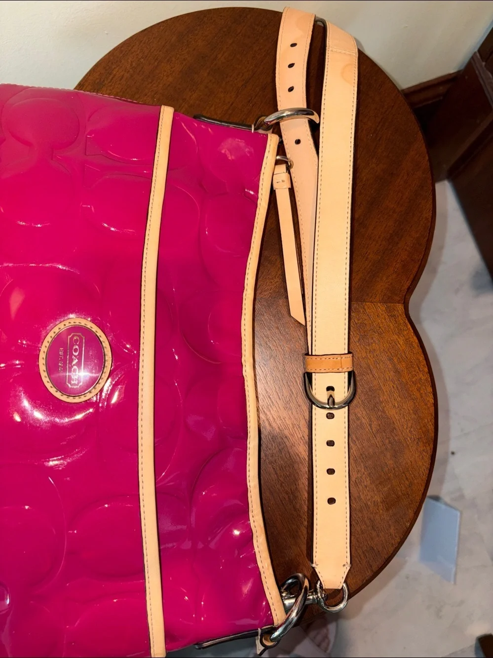 Coach Peyton Patent convertible bag Shoulder/Crossbody Fuchsia /Tan leather Trim